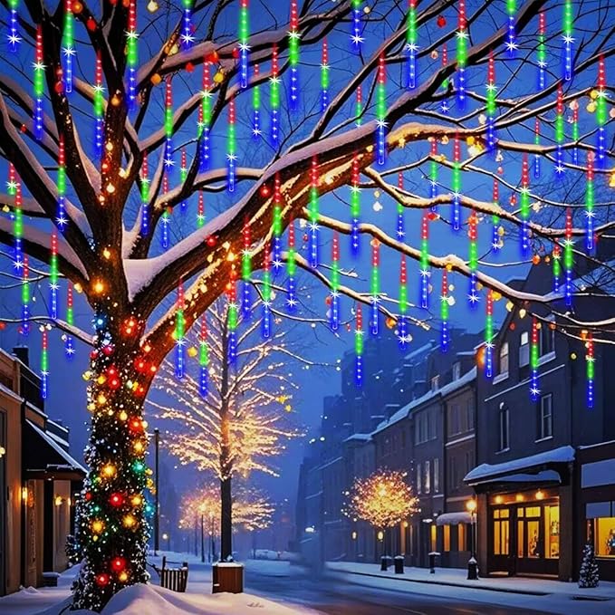Weepong Meteor Shower Lights UL Certified 192LEDs 8 Tubes Falling Rain Drop Christmas Icicle Cascading Lights for Xmas Tree Halloween Decorations Wedding Party Holiday Garden Decor, Multicolor