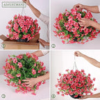 Artificial Flower & Eucalyptus with Hanging Basket - 2PCS Faux UV Sun Resistant Morning Glory in Planter, Fake Colorful Silk Flowers for Spring Summer Porch Patio Balcony Yard Decor (Rose Red)