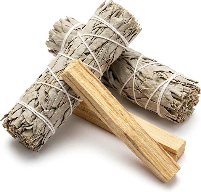 New Age Smudges and Herbs Smudge Kit - 2 California White Sage Smudge Stick for Cleansing (Salvia Apiana) with 2 Palo Santo Incense Sticks (Holy Wood) - Sage Bundles …