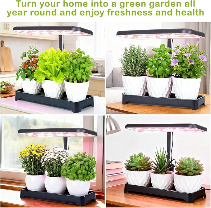 Indoor Herb Garden with Grow Light, Full Spectrum LED Planter for Kitchen Herbs & Houseplants, Height Adjustable Indoor Growing System for Home & Apartment Decor (Not Pots) (Black, 16.5*6.5*4 inch)