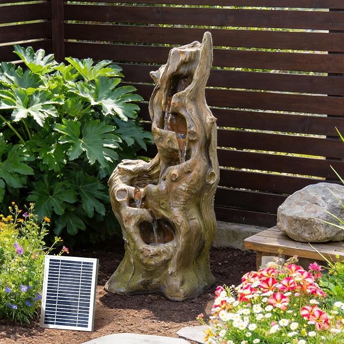 Sunlinua Solar Water Fountain Outdoor 5-Tiers Large Cascading Realistic Tree Trunk Natural Waterfall Outdoor Fountains Resin Imitation Wood with LED Lights for Garden, Patio, Porch