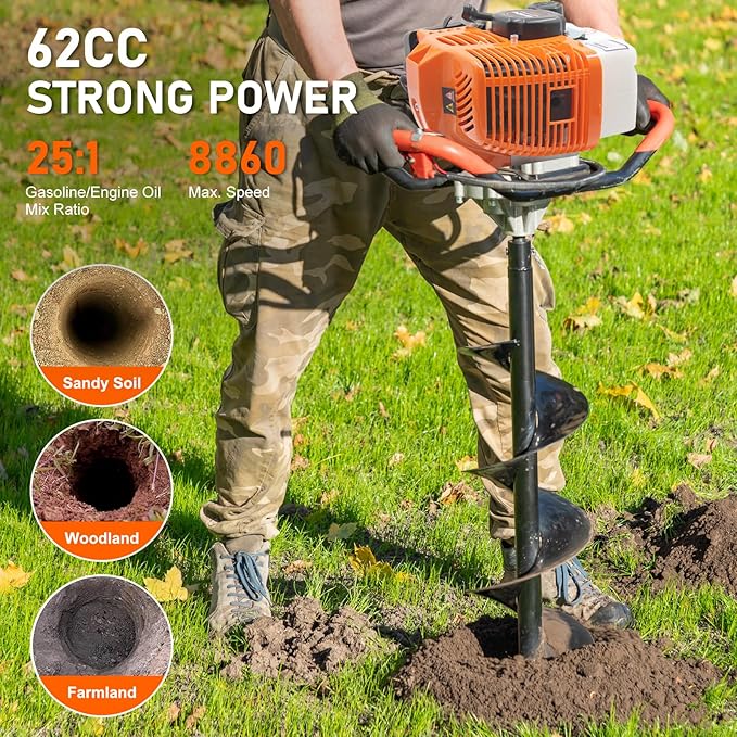 62CC Auger Post Hole Digger, 2 Stroke Gas Powered Earth Post Hole Digger with 3 Auger Drill Bits(4" & 6" & 12") + 2 Extension Rods for Farm Garden Plant, Orange (62cc+3 Auger(4"6"12")+2 Ext)