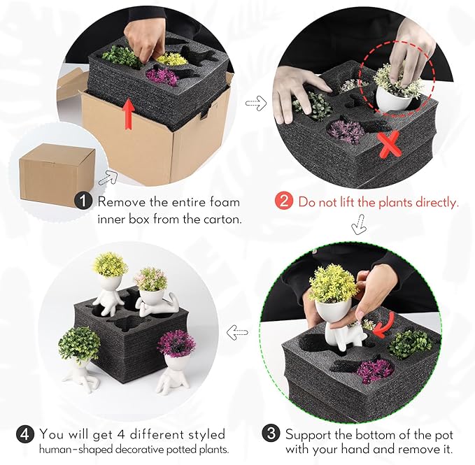 Zerzsy 4PCS Small Artificial Succulent Plants with Creative Human Shaped Pots, Fake Desk Plant Greenery Potted for Home Office Indoor Shelf Decoration (White)