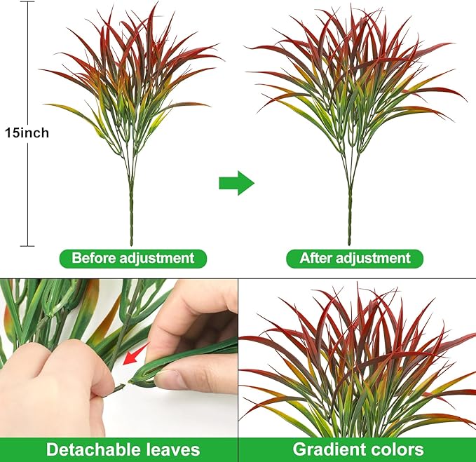 Ouddy Decor 16 Bundles Artificial Plants Outdoor Fake Grass Greenery Stems UV Resistant Faux Plastic Plants Shrubs for Spring Summer Garden Pathway Window Box Farmhouse Front Porch Home Decor, Red