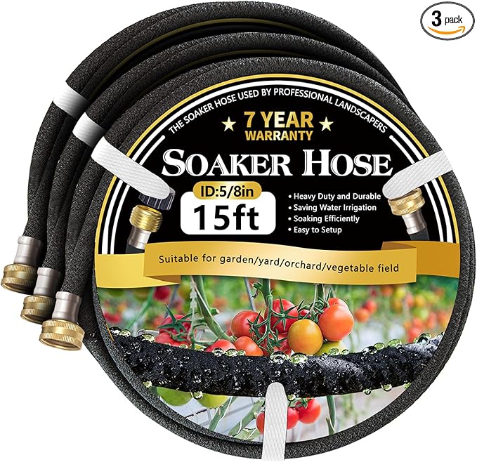 Hopegiver 5/8’’ Soaker Hose 15 ft 3 Pack, Heavy Duty Garden Soaker Hoses with Solid Brass Fitting, Rubber Drip Hose for Garden Beds, Vegetable, Lawn, Trees Watering Irrigation （15 ft 3 Pack）
