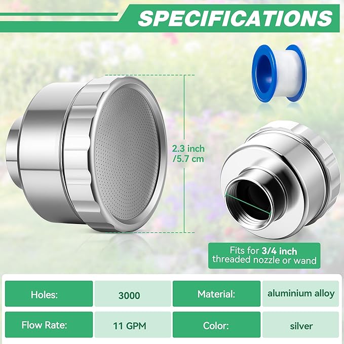 Dreyoo 2 Pack Water Nozzle with 3000 Tiny Holes, 3/4'' Aluminium Alloy Garden Hose Shower Head with PTFE Thread Seal Tape for Outdoor Watering Flowers, Plants, Greenhouse, Nurseryman (2.24'',Silver)