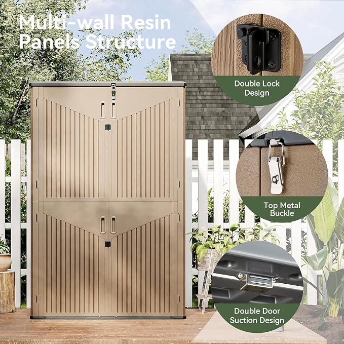 Aoxun Outdoor Storage Shed, 64 Cu.Ft Vertical Storage Sheds Outdoor with Floor, Outdoor Waterproof Storage Cabinet for Garage Storage, Pool Storage (Brown)