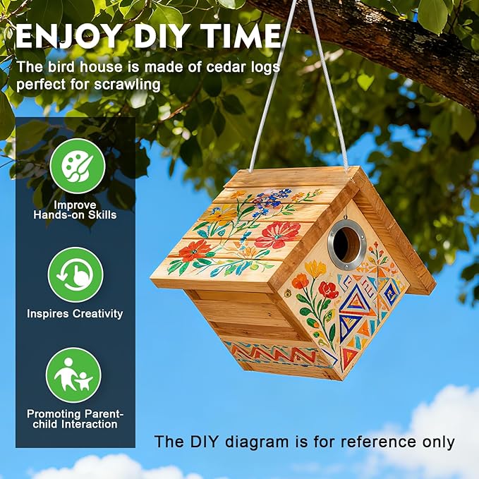 Wren Bird House for Outside, Hanging Wood Nesting Box for House Wrens & Carolina Wrens, 1-1/8" Entrance Hole, Air Vents & Clean-Out Door, Weather-Resistant Birdhouse for Backyard Bird Watching 1 Pack