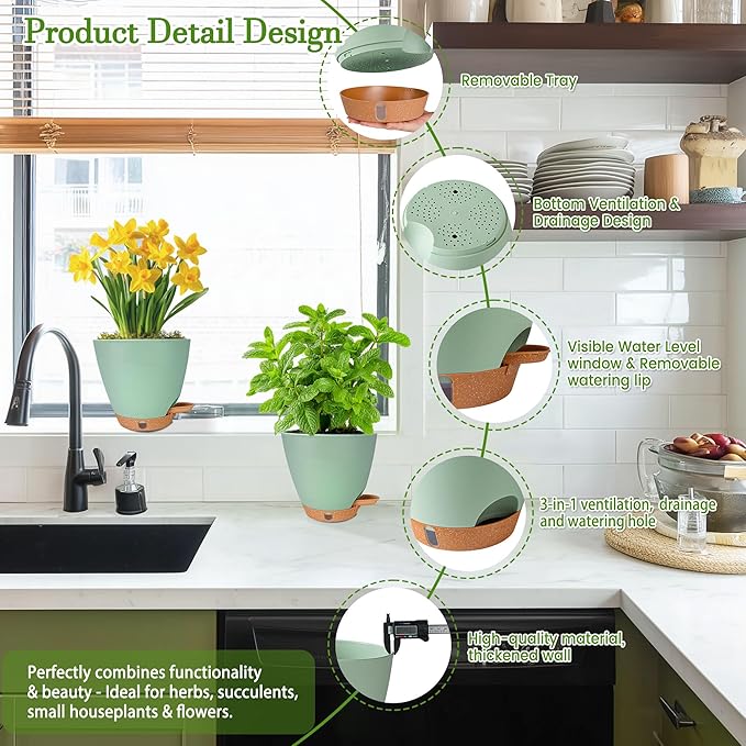 6 Inch Self Watering Pots for Indoor Plants(5-Pack) – Small Plastic Planters with Water Level Window, Drainage Holes & Detachable Trays, Indoor Outdoor Flower Pots for Herbs, Snake,Pothos (Green)