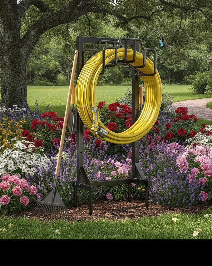 Skycarper Garden Hose Reel Holder Detachable Metal Water Hose Hanger Organizer Heavy Duty Free Standing Hose Stand (Deep Black)