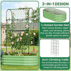 SUNYRISY Galvanized Raised Garden Bed with 71in Arch Trellis for Climbing Plants, Outdoor Planter Box with Climbing Net for Gardening Flowers Vegetables Fruits Herbs, Green