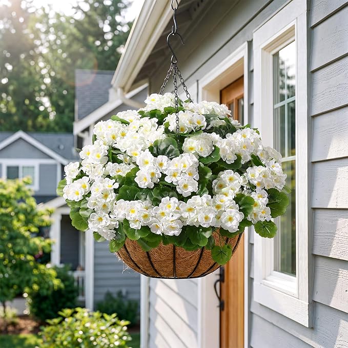 Alupssuc 16Pcs Artificial Geranium Flowers for Outdoors Decoration Silk Floral, UV Resistant Fake Plants, Faux Flower for Porch Garden Table Centerpieces Home Indoor Outside Spring Decor(8, White)