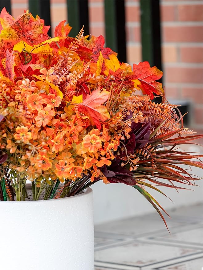 24 Bundles Fall Flowers Artificial for Decoration, Artificial Mums for Outdoor Maples Flowers for Outside Garden Yard Window Fall Decorations for Home Thanksgiving Autumn Fall Decor