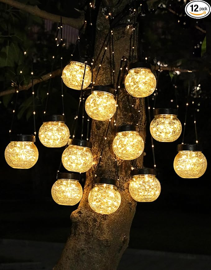 PARTPHONER Solar Lights Outdoor Waterproof 12-Pack, Solar Powered Hanging Lantern Cracked Glass Hanging Globes for Yard Decor Christmas Decoration, Shepherd Hook, Garden Tree Ornaments, Warm White