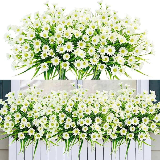 obbsie 12 Bundles Artificial Daisies Flowers Outdoor UV Resistant Fake Silk Daisy Mums Flowers No Fade Faux Greenery Plants for Home Wedding Garden Window Box Outdoor Planters Spring Decor - White
