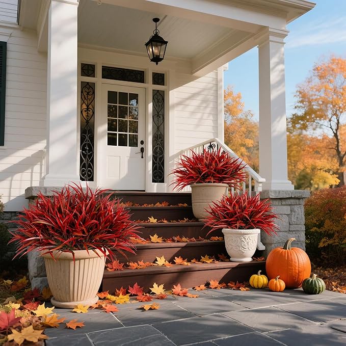 Ivydale 12Pcs Artificial Plants Outdoor Fake Plastic Grass Fall Decoration UV Resistant Faux Greenery Stems Bushes Outside Fake Plants for Planters Patio Porch Window Garden Home Decor