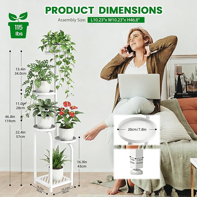 TOSKING 5 Tier Tall Plant Stand Indoor Outdoor,Anti-Tip Plant Stand indoor, Wide Base for Pots, Child and Pet Friendly,Heavy Duty Corner Shelf for Plants & Decor, Space Saving ,Tiered Metal Flower Pot Stand for Balcony, Garden, Living Room, Patio (Whit...
