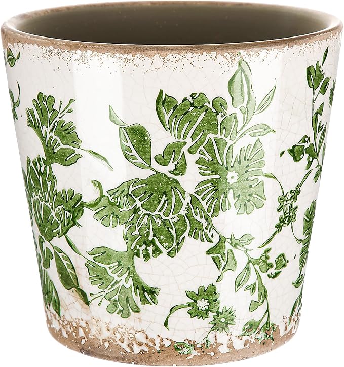 Beeveer Farmhouse Ceramic Planter 5.5 Inch Large Plants Pot Ice Crack Beige Green Flowers Plant Pots with Drainage Hole Indoor Plants Kitchen Rustic Antique Decor Gift