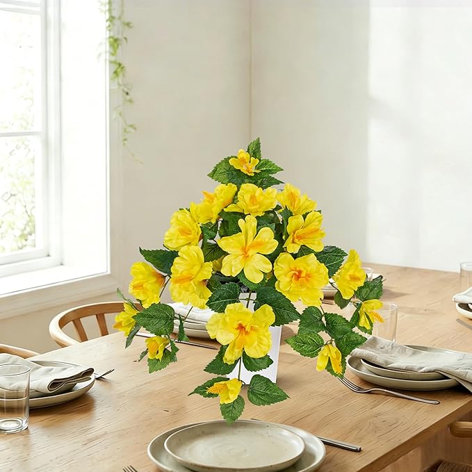 Briful Artificial Hanging Hibiscus Flowers Potted Plant – Faux Tropical Hibiscus with Silk Petals & Lush Leaves – White Square Pot – Yellow Fake Flower for Indoor Outdoor Porch Patio Decor