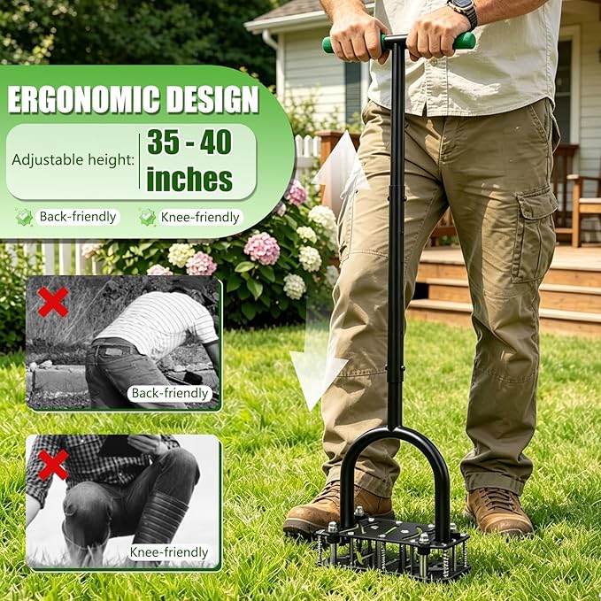 Bigwish Adjustable Lawn Aerator Tool with Rebound Spring – 16 Sharp Metal Spikes Soil Aerator with Ergonomic T-Handle & Wide Foot Plate, Heavy Duty Yard Lawn Aerator for Garden Lawn Care