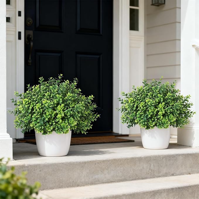 Set of 2 Artificial Boxwood Topiary Trees for Front Door - Faux Realistic Greenery Potted Plants, Fake Outdoor UV-Resistant Bushes with Pots for Porch,Farmhouse,Home,Garden Decor