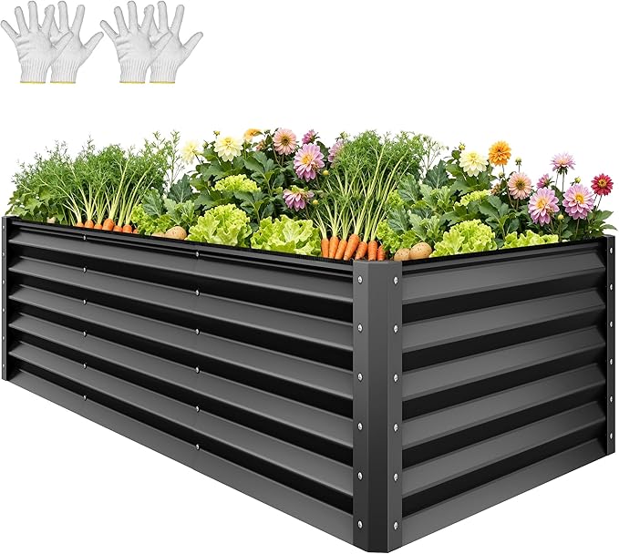 YITAHOME 8x4x3ft Large Raised Garden Bed Kit, Galvanized Metal Planter Box with Gloves, Support Rod & Safety Rubber, Outdoor Above Ground Planters for Plants Vegetables Flowers, Black