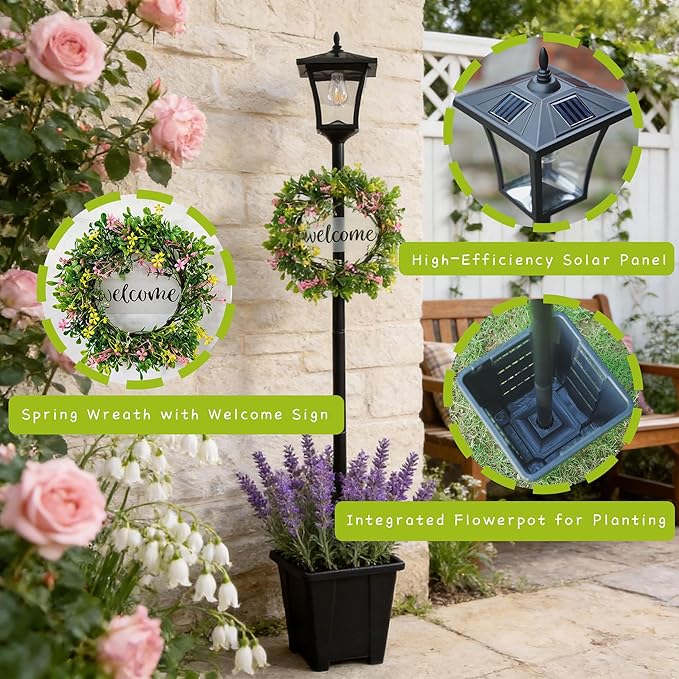 59" Solar Lamp Post with Planter 2-in-1, Solar Post Lights Outdoor Waterproof, Dusk to dawn Warm Yellow Lights, Outdoor Planter for Real or Fake Flowers, Solar Lights for Lawn, Patio, Front/Back Door