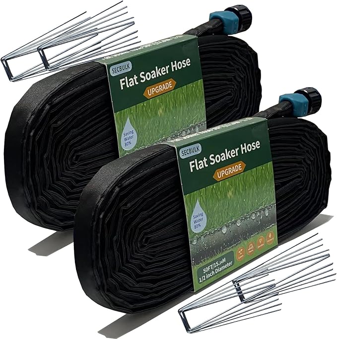 2026 Flat Soaker Hose 100 ft with Stakes for Garden, 50ft x 2 Linkable Drip Hose Diy Garden Irrigation System Saving 80% Water, Dual-layer Leak-free Design Water Hose with Holes