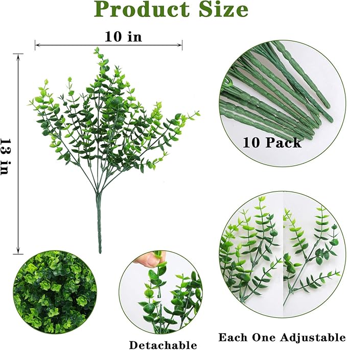 summer flower 10 Pack Artificial Boxwood Stems for Outdoors Unfading in The Sun Plastic Faux Plants Fake Foliage Shrubs Greenery for Garden Office Patio Wedding Farmhouse Indoor Decoration