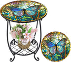 Outdoor Side Table Round Small Mosaic Patio Accent Indoor End Plant Coffee Tea Table for Yard Patio Porch Garden Living Room, Bedroom(Butterfly Style,18 Inch)