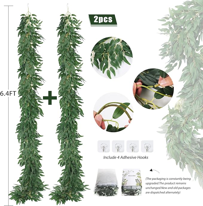 RECUTMS Artificial Willow Leaves Vine Twigs 2Pcs 6Ft Fake Hanging Plant Silk Willows Leaf Ivy Garland Faux Italian Ruscus Greenery Indoor Outdoor Wedding Arch Jungle Beach Birthday Party Garden Decor
