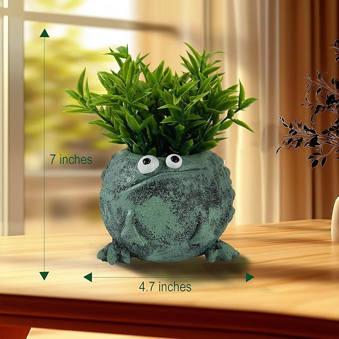 Frog Pen Holder for Desk, Cute Resin Flower Pot & Pencil Cup, Holds 10 Pens, Vintage Stacked Frog Figurine with Removable Grass, Desk Organizer for Office Home Decor, Unique Gift