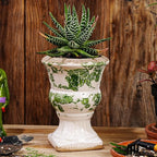 Sungmor Small Ceramic Urn Planter - Green Scroll Floral Pedestal Flower Pot, Decorative Vintage Chinoiserie Style Planters, Tuscan Accent Vase Indoor Outdoor Plant Holder with Drainage