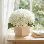 Artificial Hydrangea Flowers Arrangement in Wood Planter, 4PCS Fake White Flowers in Wooden Vase Potted Floral Centerpieces for Tables Living Room Home Office Room Shelf Kitchen Decor