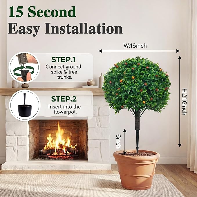 PATIO CHOICE Topiary Trees Artificial Outdoor Boxwood Ball Trees with Ground Spike Set of 2 22" Fake Outdoor Plants Faux Bushes and Shrubs Decorations for Outdoor Indoor Front Porch Garden