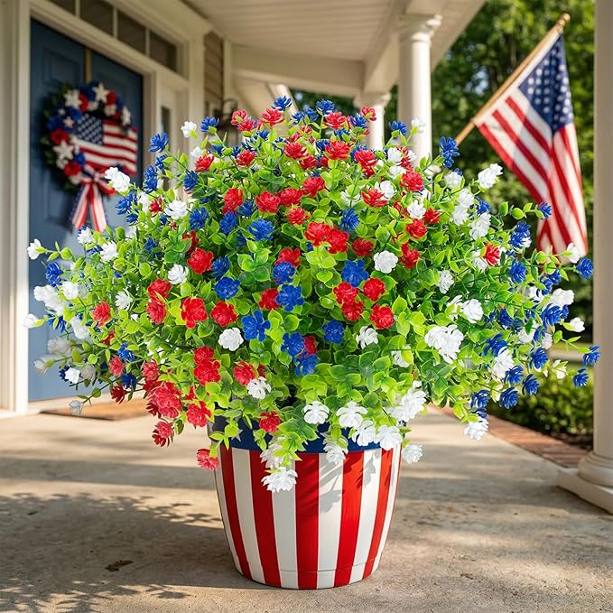 Hananona 12 Pcs Artificial Flowers Outdoor, Faux Artificial Plants UV Resistant Plastic PatrioticFlower for Hanging Planter Porch Window 4th of July Decor (12, Red, White, Blue)