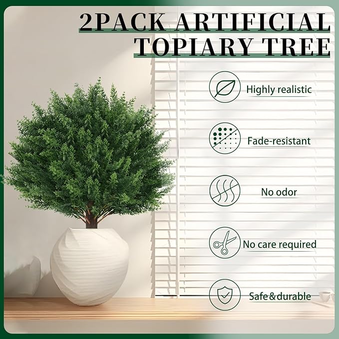 2Pack Artificial Cedar Topiary Ball Trees, 16'' UV Resistant Fake Evergreen Shrubs Bushes Plants with Ground Spike Fake Plants for Outdoor Indoor Front Porch Garden