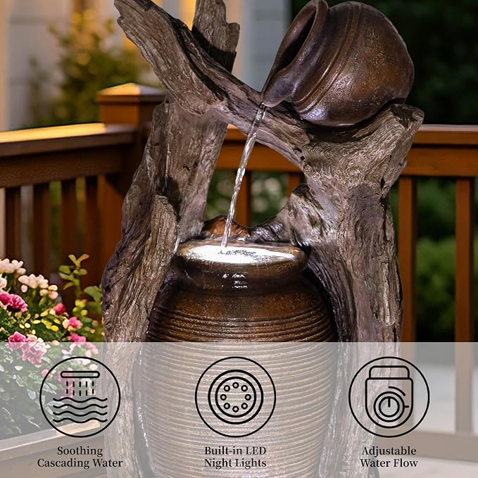 Solarbloom 39.3" H Outdoor Fountain with LED Lights and Pump, Farmhouse Clay Pot Floor Standing Waterfall Fountain, Garden Water Feature Decor
