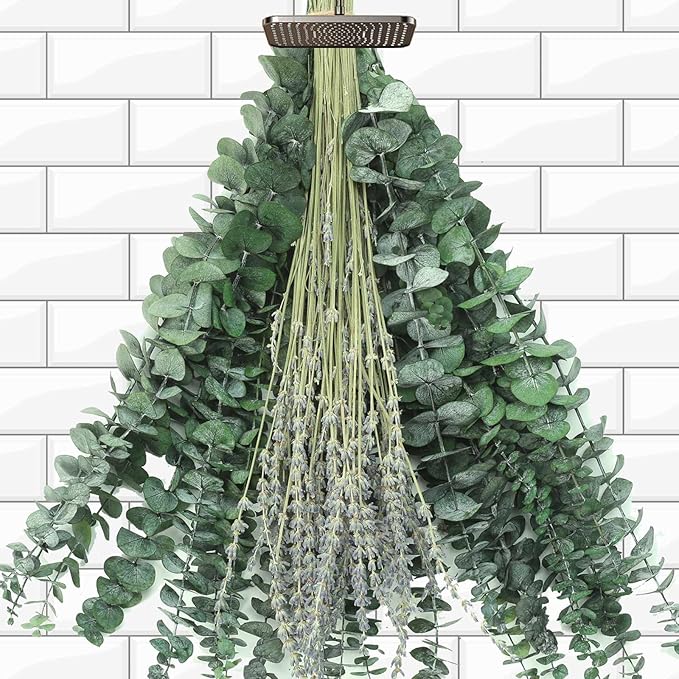 115 PCS Mixed Dried Eucalyptus Stems with Lavender Flowers Bundle for Shower, 17'' Natural Eucalyptus Leaves Branches Hanging Shower Plant for SPA Home Fragrance Bathroom Table Vase Decor