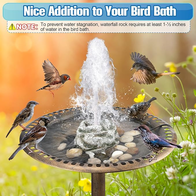 Bird Bath Fountain, Bird Bath Water Fountains with 7W Water Pump, Gray Moss Resin Granite Water Fountain Rock Waterfall for Birdbath, Bird Feeder