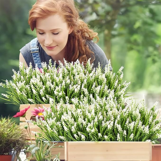 Waipfaru 36 Bundles Artificial Plants Outdoor,Fake Flowers UV Resistant Outdoor Fake Plants,Faux Lavender Shrubs for Window Garden Patio Hanging Planter Pathway Front Porch (White)