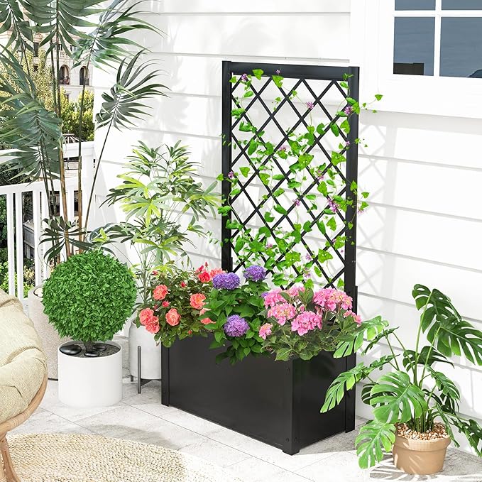 HAPPYGRILL Raised Garden Bed with Trellis, 44” Metal Elevated Garden Box for Climbing Plants Vine, Outdoor Planter Box for Yard, Garden, Balcony