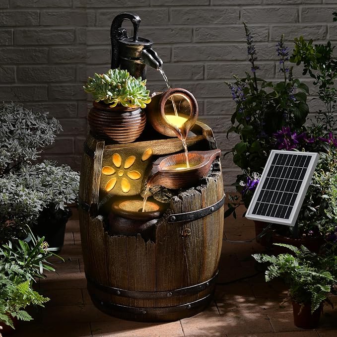 29" Tall Solar Water Fountain Outdoor Garden, 4-Tier Rustic Barrel Pump Solar Powered Water Fountain Cascading Waterfall with LED Lights for Patio, Backyard, Porch