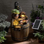 29" Tall Solar Water Fountain Outdoor Garden, 4-Tier Rustic Barrel Pump Solar Powered Water Fountain Cascading Waterfall with LED Lights for Patio, Backyard, Porch