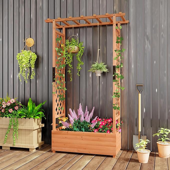 MAT EXPERT Raised Garden Bed with Trellis & Hanging Roof, Lattice Panel with Drainage Hole for Flower, Climbing Plant, Herb, Planter Box for Garden, Patio, Yard (1, 43.5" x 17.5" x 72" (L x W x H))