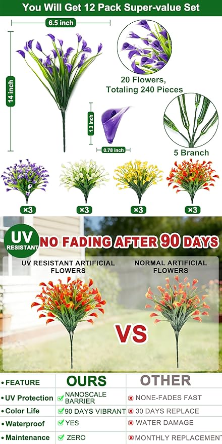 TURNMEON 12 Bundles Calla Lily (240 Heads) Artificial Flowers for Outdoors, Fake Plants UV Resistant Faux Plastic Fake Flowers for Indoor Home Porch Yards Spring Summer Cemetery Decor(Color Mix)