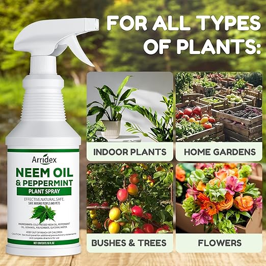 Neem Oil Spray for Plants with Peppermint Oil, Natural Neem Oil Spray for Indoor/Outdoor Plants, Suitable for Organic Gardening (16oz, Pet Safe, Non Toxic)