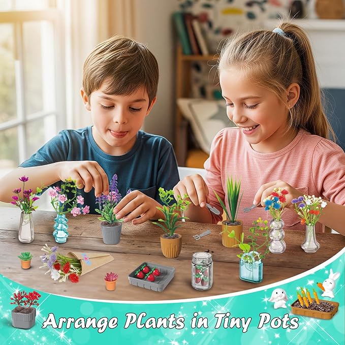 Make It Miniature Botanicals Kit - Mini Plants Collectibles with Flowers, Bouquets, Bonsai, Succulent, Garden, Wooden Display Stand - DIY Crafts Toy Gifts for Kids 6+, Collectors, Decoration
