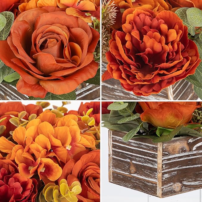 DILATATA Flower Arrangement with Wooden Vase 14" Artificial Flowers in Pot - Fake Flowers Roses Peonies Hydrangeas in Wooden Vase Potted Flower Centerpieces for Table Decor Living Room - Dried Orange