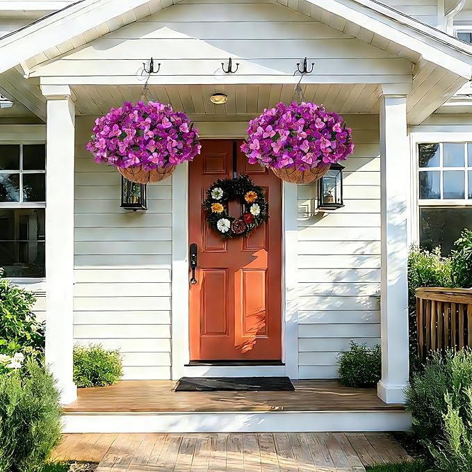 HyeFlora Artificial Hanging Flowers Plant with Basket for Outdoors, Fake Hanging Plants Silk Bougainvillea in Planter Realistic UV Resistant Faux Flower for Outside Porch Patio Garden Home Decor, Mix